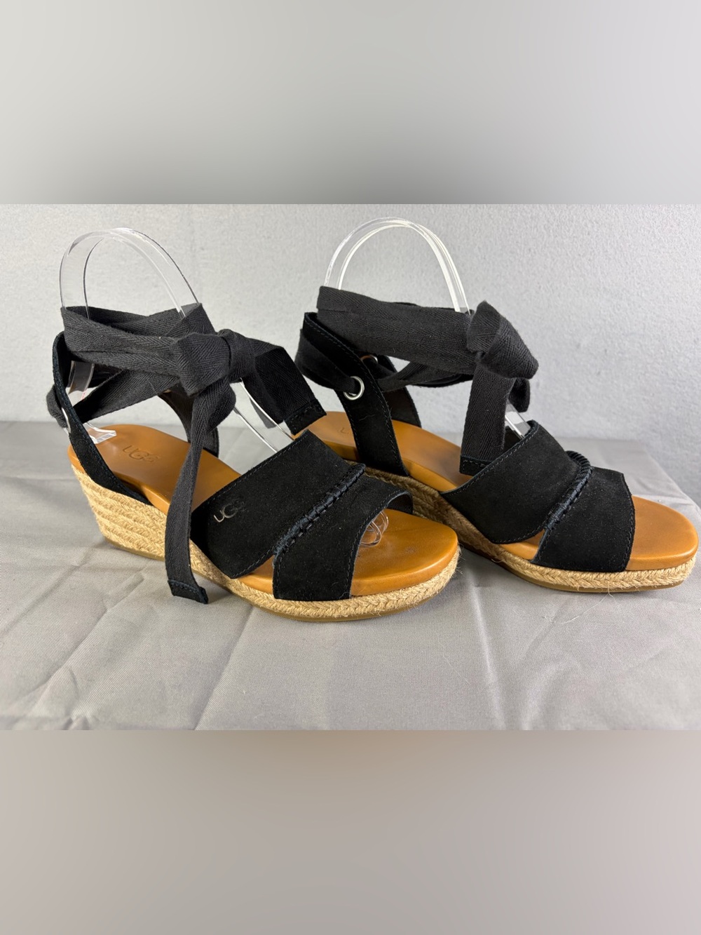 UGG Black Suede Espadrille Ankle Tie Wedge Sandals